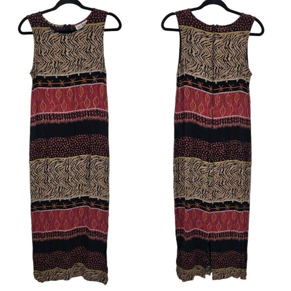 Vintage 80s Sherri Martin Crinkle Rayon Pencil Maxi Dress M Brown Red Animal - Picture 1 of 10